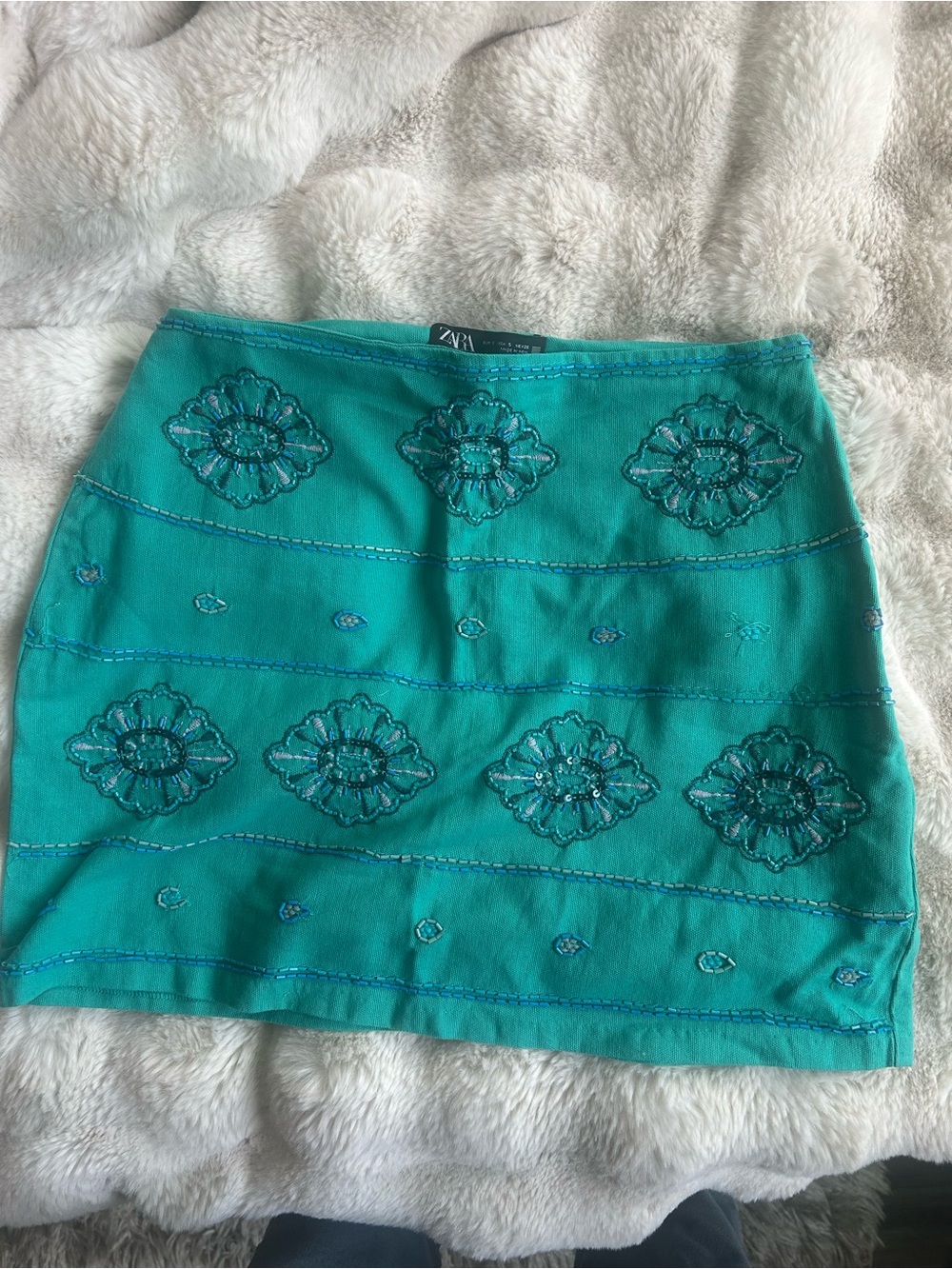 Zara Teal Embroidered Floral Mini Skirt